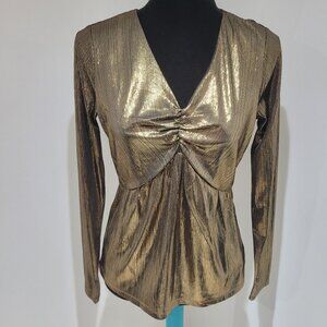 Michael Kors Women's Gold Flowy Long Sleeve V-Neck Top Blouse Small Metallic NEW